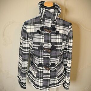 Hydraulic Pea Coat, Size SM paddington buttons, purple & black plaid, wool blend